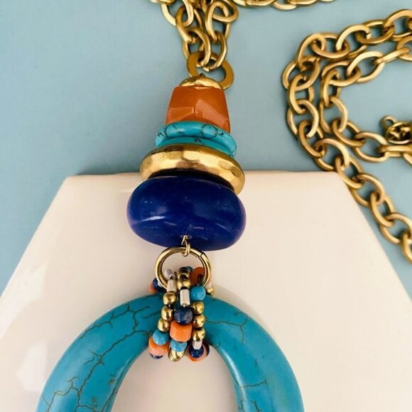 Chicos Turquoise Howlite Oval Pendant Long Necklace With Gold-Tone Chain & Be - Picture 2 of 5